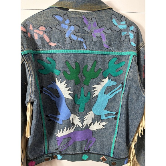 Vintage‎ Gap Denim Jacket Western Southwest Painted Cow Skull Fringe Unique S - Picture 4 of 9